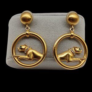 Vintage 80s Jackie Collins Gold Tone Green Eyes Panther Drop Pierced Earrings